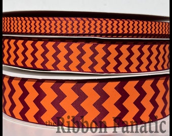 5 yds  3/8" or 7/8" or 1.5" Maroon and Orange Chevron Stripe Striped Grosgrain Ribbon