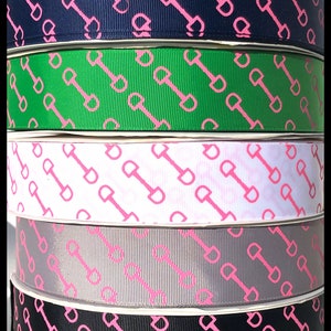 5 yds 1.5" Hot Pink Snaffle Bit Bridle on 5 Ribbon Colors Navy, Black, White, Green, Gray Grosgrain Ribbon