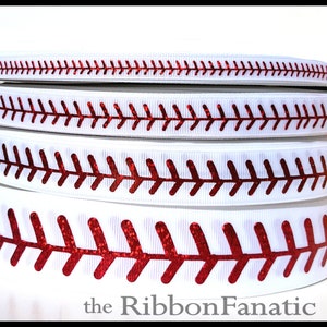 Baseball ribbon red stitches for gift wrap, cheer, hats, quilting,  banquets, awards, party decor, printed on 7/8 and 1.5 white grosgrain