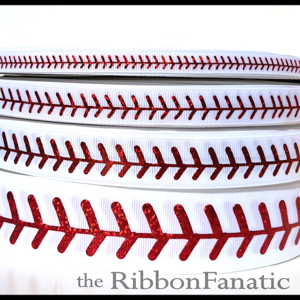 5 yds or 3yds  7/8" Baseball Stitch Red Foil Laces on White 4 Sizes 3/8" 5/8" 7/8" or 2.25" Grosgrain Ribbon