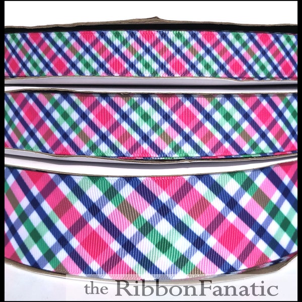 5 yds 3/8" or 5/8" or  7/8" or 1.5"  Preppy Plaid Navy Blue Hot Pink Kelly Green Grosgrain Ribbon