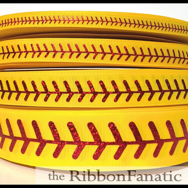 5 yds or 3yds Yellow Softball Stitch with Red Foil Laces 5 Sizes 3/8" 5/8" 7/8" 1.5" and 2.25" Grosgrain Ribbon