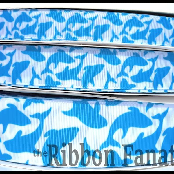 5 yds 5/8" or 7/8" or 1.5" Blue Dolphins on White Background  Grosgrain Ribbon