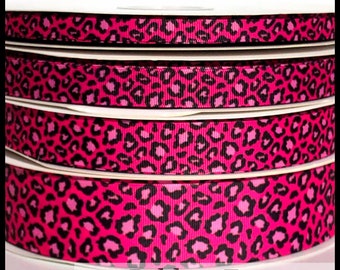 5 yds 3/8" or 5/8" or 7/8" or 1.5" Leopard Cheetah Print Pink Hot Pink Black Shocking Pink Valentine's Day Grosgrain Ribbon