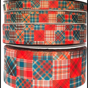 May include: Four spools of red, brown, teal, and white plaid ribbon. The ribbon has a patchwork design.