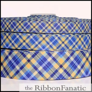 5 yds  3/8” or 5/8&quot; or 7/8&quot; or 1.5&quot; Cornflower Blue Golden Yellow Royal Blue Plaid Grosgrain Ribbon