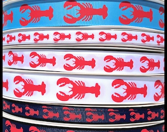 5 yds 3/8" 5/8" or7/8" Red Lobsters on Navy Blue , White, or Carolina Blue Preppy Grosgrain Ribbon