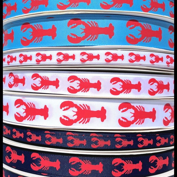 5 yds 3/8" 5/8" or7/8" Red Lobsters on Navy Blue , White, or Carolina Blue Preppy Grosgrain Ribbon