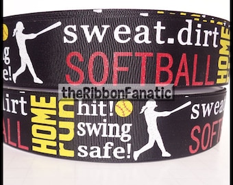 5 yds 1.5" Glitter Softball Subway Art on Black Grosgrain Ribbon