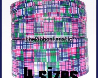 5 yds or 3 yds Madras Plaid Patch Pink Navy Blue Green 4 sizes 5/8" 7/8" 1.5" and 3" Preppy Grosgrain Ribbon