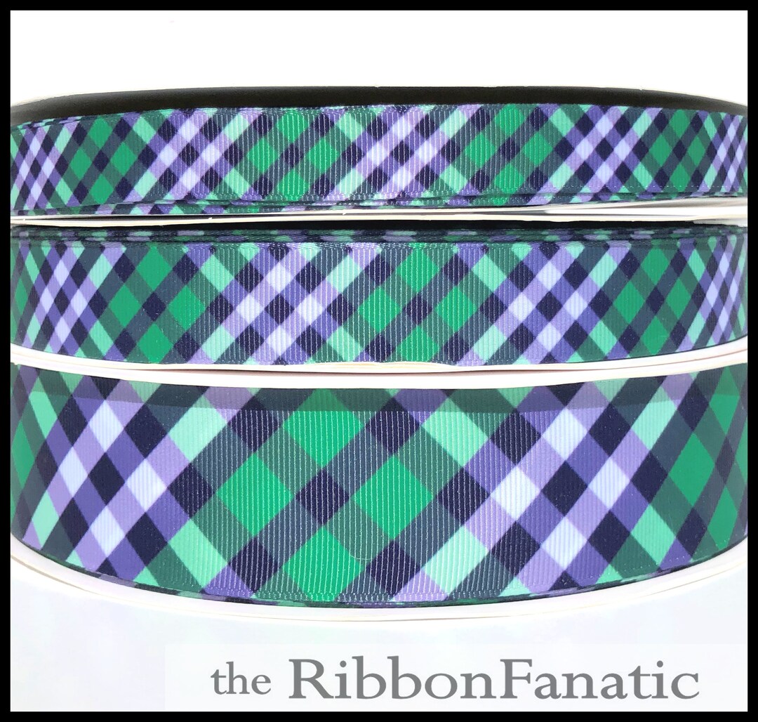 5 Yds Preppy Plaid Navy Blue and Kelly Green 4 Sizes 3/8 5/8 7/8 1.5