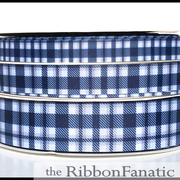 5 yds 5/8" or 7/8" or 1.5" Navy Blue White and Gray Plaid Grosgrain Ribbon