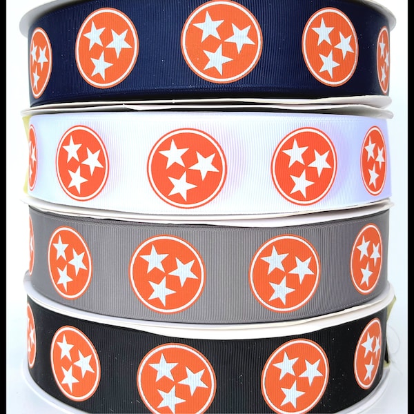 5 yds  1.5" Tennessee Tri Star State Flag UT Colors Orange White Navy Black Smokey Gray Navy Grosgrain Ribbon