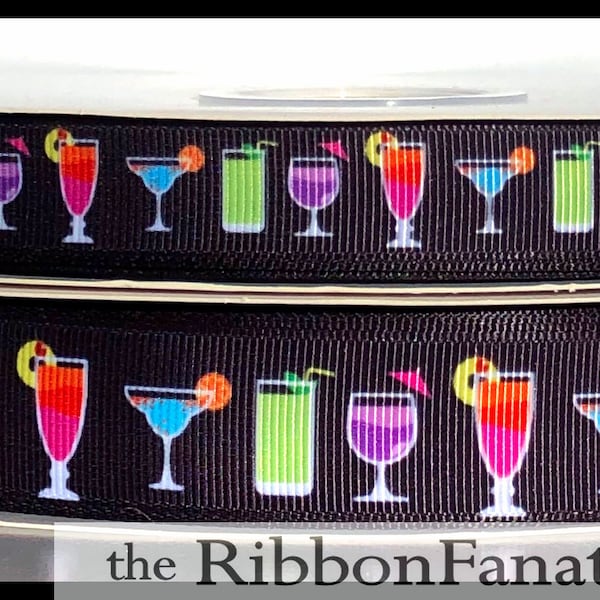 5 yds 5/8" or 7/8"  Mixed Drinks Cocktails  Grosgrain Ribbon