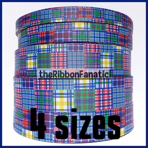 May include: Multicolored plaid ribbon with a patchwork design. The ribbon is available in four sizes. The text "theRibbonFanatic" is visible on the ribbon.