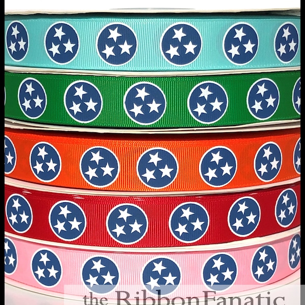 5 yds  7/8" Tennessee Tri Star State Flag 7 Colors Red Pink Green Aqua Orange Yellow Gray Navy Grosgrain Ribbon