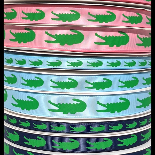 5yds 3/8" or 5/8" or 7/8" Preppy Green Alligators on Pink Light Blue Navy Grosgrain Ribbon