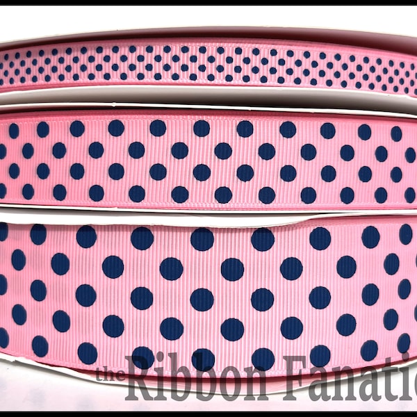 5 yds 3/8" or  7/8" or 1.5" Pink with Navy Blue Polka Dots Grosgrain Ribbon