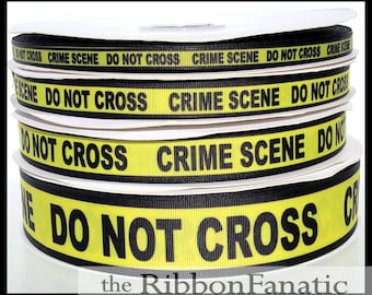 5 yds 3/8&quot;  5/8&quot;  or 7/8&quot; or 1.5&quot; Yellow and Black Crime Scene Tape Grosgrain Ribbon