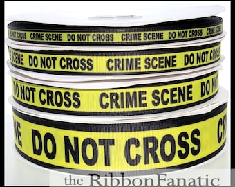 5 yds 3/8"  5/8"  or 7/8" or 1.5" Yellow and Black Crime Scene Tape Grosgrain Ribbon