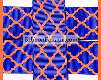 50% off 5 yds 1.5" Royal Blue and Orange Quatrefoil Moroccan Tile Lattice Grosgrain Ribbon