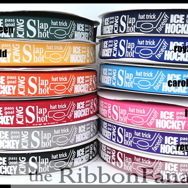 5 yds 7/8" Ice Hockey Subway Art 12 Colors Black Navy Red Hot Pink Yellow Gold Hunter Green Royal Blue Orange Gray Purple Grosgrain Ribbon