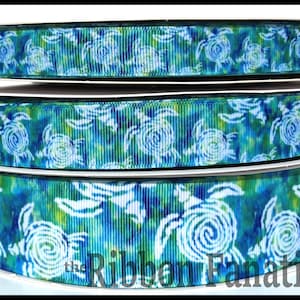 5yds 5/8&quot; or 7/8&quot; or 1.5&quot;  Sea Turtles Blue Green Teal White Preppy Palm Beach Style Grosgrain Ribbon