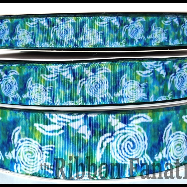 5yds 5/8" or 7/8" or 1.5"  Sea Turtles Blue Green Teal White Preppy Palm Beach Style Grosgrain Ribbon