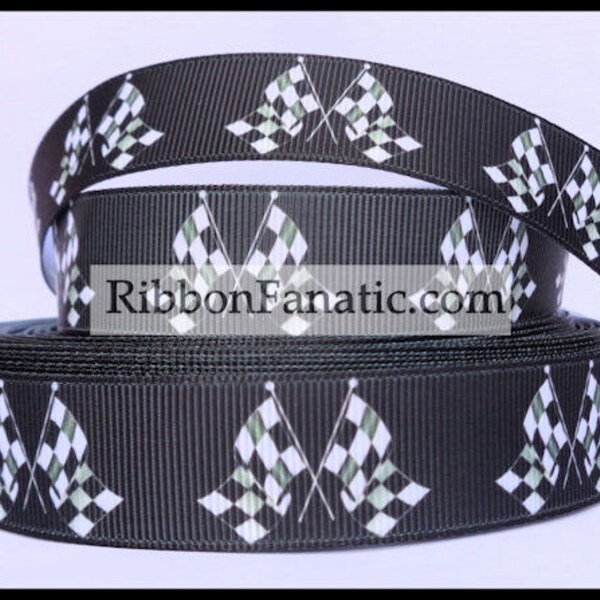 4.75 yds 7/8" Black with Black and White Checkered Flags Grosgrain Ribbon
