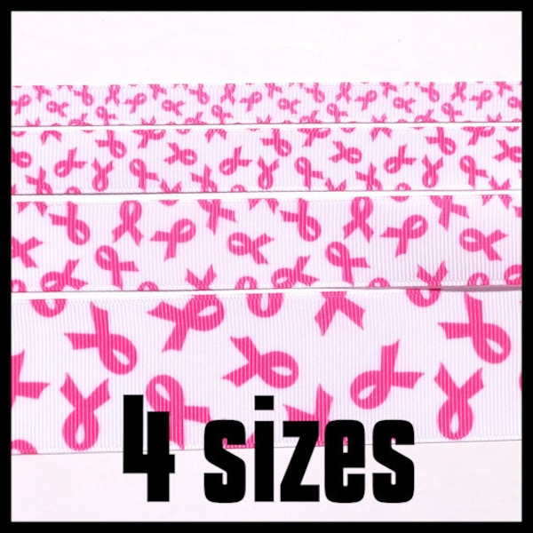 5 yds  3/8"  5/8"  7/8" or 1.5"  Breast Cancer Awareness Pink Ribbon on White  Grosgrain Ribbon