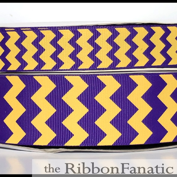 5 yds 3/8" or 7/8" or 1.5" Regal Purple with Yellow Gold Chevron Striped Grosgrain Ribbon