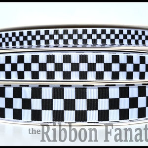 May include: Three rolls of black and white checkered ribbon. The ribbon is made of satin and has a glossy finish. The ribbon is available in three different widths.