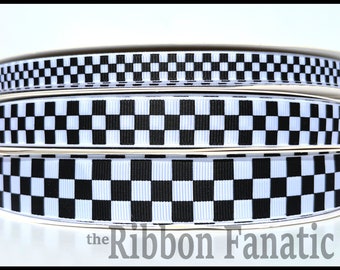 5 yds 3/8&quot; or  5/8&quot; or 7/8&quot;  Black and White Checkered Flag Check Grosgrain Ribbon