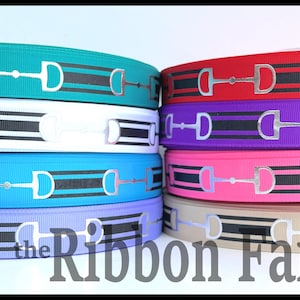 May include: A collection of eight different colored ribbon spools with a silver snaffle bit design. The ribbon is black and white striped with a silver snaffle bit design. The ribbon colors are teal, white, blue, purple, pink, beige, and lavender.