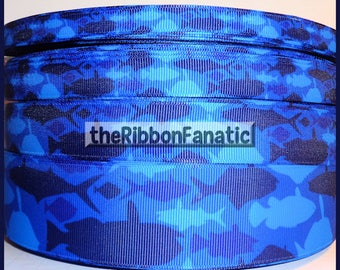 5 yds 3/8" 5/8" 7/8" and 1.5"  Blue Fish Fishing Camo Camouflage 4 sizes  Grosgrain Ribbon