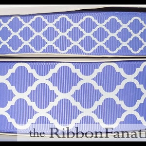 5 yds 7/8" or  1.5" Periwinkle and White Quatrefoil Grosgrain Ribbon