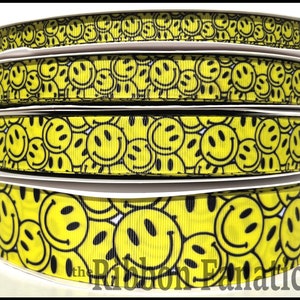 5 yds Yellow Smiley Face  Happy Face 4 Sizes 3/8" 5/8" 7/8" 1.5" Grosgrain Ribbon