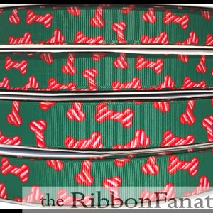 5 yds 5/8" or 7/8" Peppermint Dog Bones Red Green White Christmas Dog Collar Grosgrain Ribbon