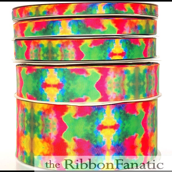 50% off 5 yds or 3yds 3/8" 5/8" 7/8" 1.5" or 3" Neon Tie Dye Color Explosion Pink Yellow Blue Orange Lime Green Grosgrain Ribbon