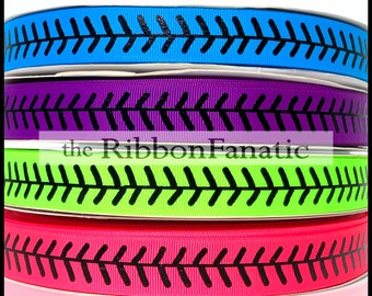 5 yds 7/8" Softball Stitch in Black on Neon Pink Blue Lime Green Purple Grosgrain Ribbon