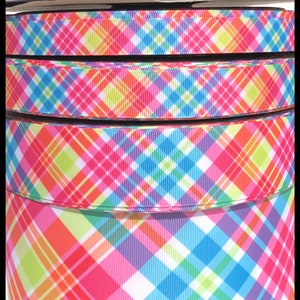 5 yds or 3yds 3/8"  5/8" or 7/8" 1.5" or 3" 5 Sizes Bright Summer Plaid Lime Green Turquoise Yellow Shocking Pink Orange Grosgrain Ribbon
