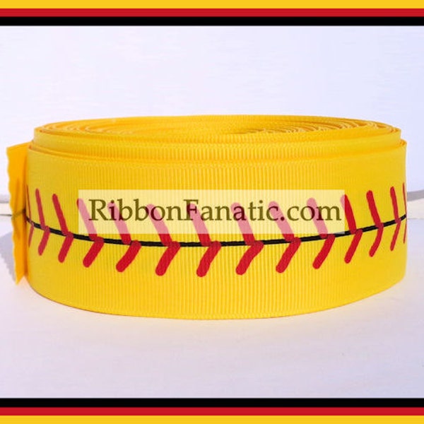 23+ yds 1.5" Red Softball Stitches on Yellow Grosgrain Ribbon   REMNANTS