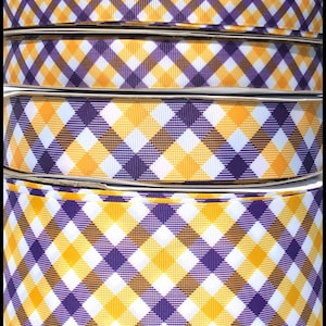 5 yds or 3yds  5/8"  7/8"  1.5"  or 3" Purple and Gold Yellow Plaid Check LSU Print Printed Grosgrain Ribbon