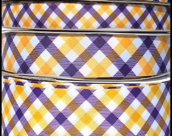 5 yds or 3yds  5/8"  7/8"  1.5"  or 3" Purple and Gold Yellow Plaid Check LSU Print Printed Grosgrain Ribbon