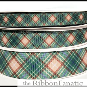 5 yds  5/8&quot; or  7/8&quot; or 1.5&quot; Brown Hunter Green Cream Tartan Plaid Grosgrain Ribbon
