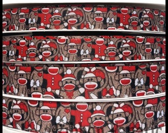 5yds  5/8" or 7/8" Super Cute Sock Monkey Tan Red Nostalgic Grosgrain Ribbon