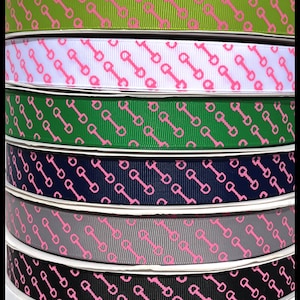 5 yds 7/8&quot; Hot Pink Snaffle Bit Bridle on 5 Ribbon Colors Navy, Black, White, Green, Gray Grosgrain Ribbon