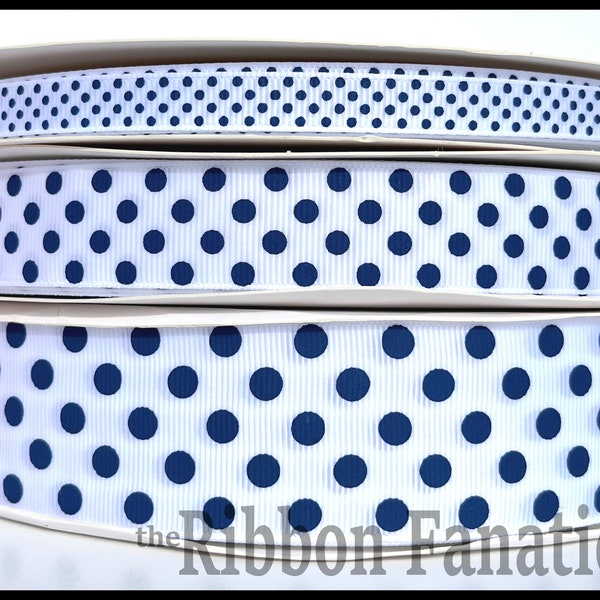 5 yds 3/8" or  7/8" or 1.5" White with Navy Blue Polka Dots Grosgrain Ribbon