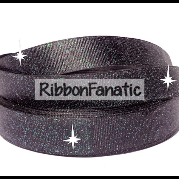 5 yds 7/8" Black Sparkle Solid Color Glitter Grosgrain Ribbon