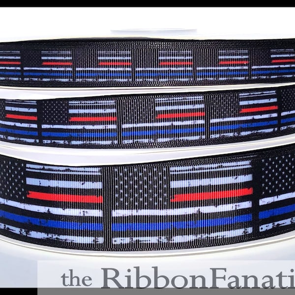 5 yds 5/8" or 7/8" or 1.5" First Responders Distressed Flag Red Blue White Line Fireman Police EMT Paramedic Lives Matter Grosgrain Ribbon